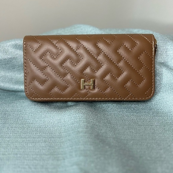 H by Halston Handbags - Halston Monogrammed Wallet in Camel with Gold Hardware